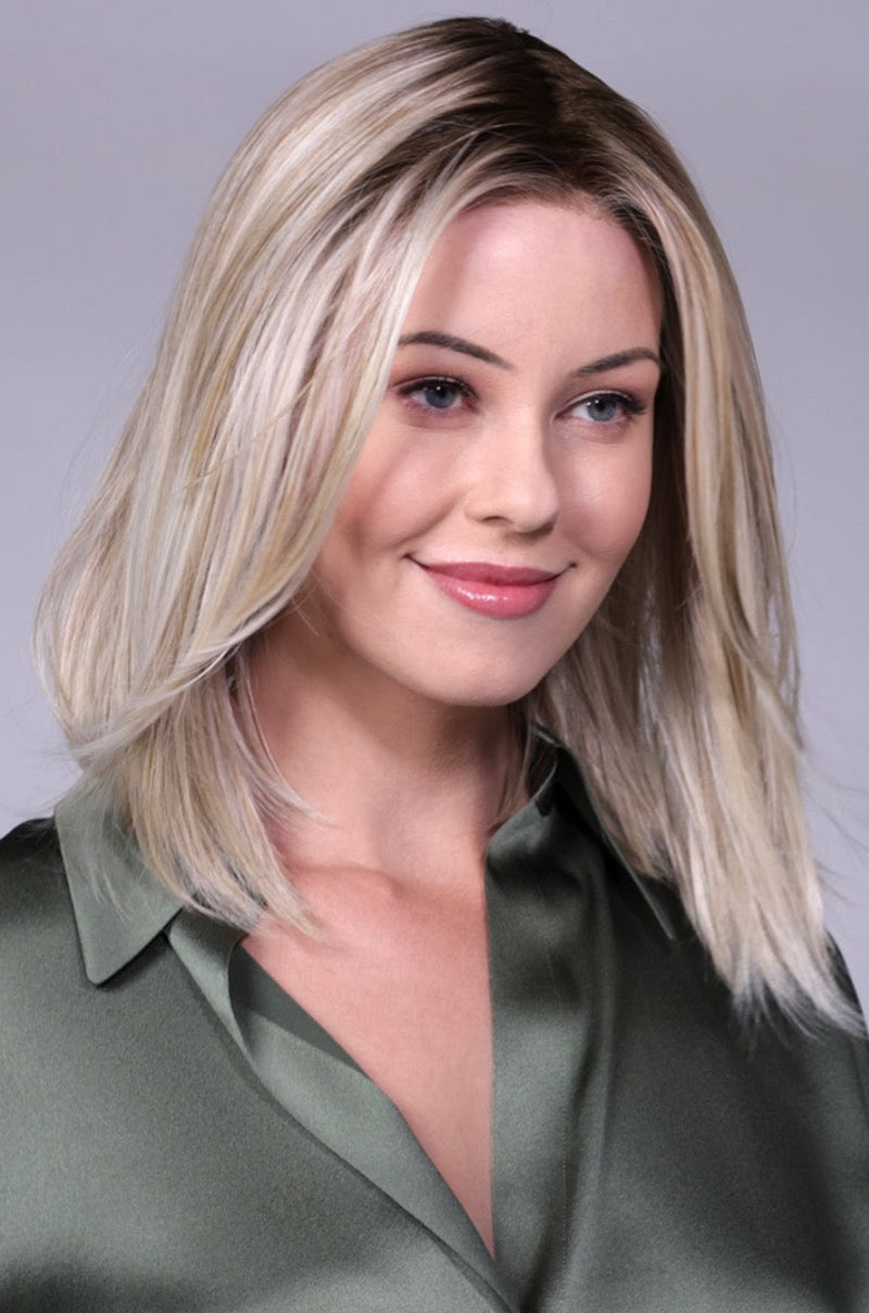 CRUSHED ALMOND BLONDE ROOTED • 14/17/101+18 |  Creamy cool blend of Lt to Med sandy blonde w/ chunky highlights of light ash blonde & platinum • overall soft neutral Lt blonde w/ Lt & Med blended root