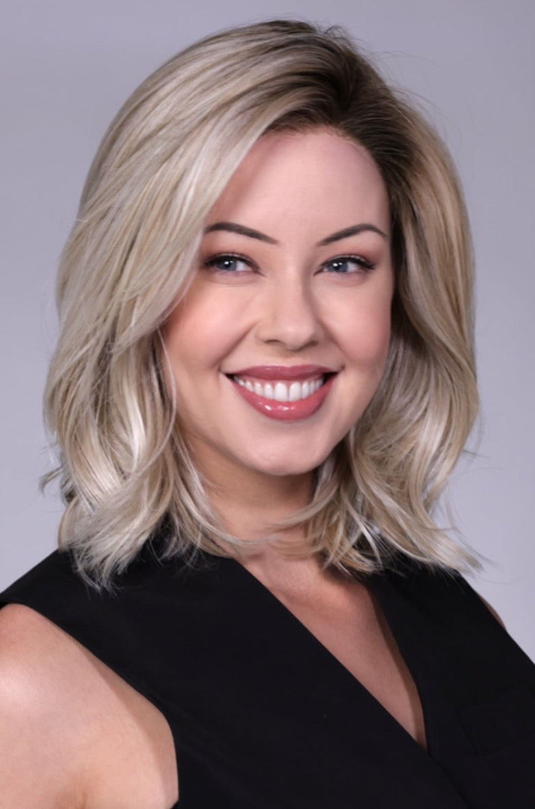 CRUSHED ALMOND BLONDE ROOTED • 14/17/101+18 |  Creamy cool blend of Lt to Med sandy blonde w/ chunky highlights of light ash blonde & platinum • overall soft neutral Lt blonde w/ Lt & Med blended root