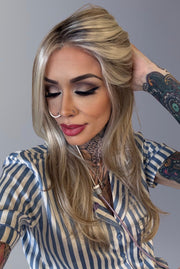 101/88/27s8 • CATALINA BLONDE | Pale Natural Blonde & Pale Warm Blonde with Pale Cool Blonde highlights w/ bright cool blonde money piece shaded with darker rooting