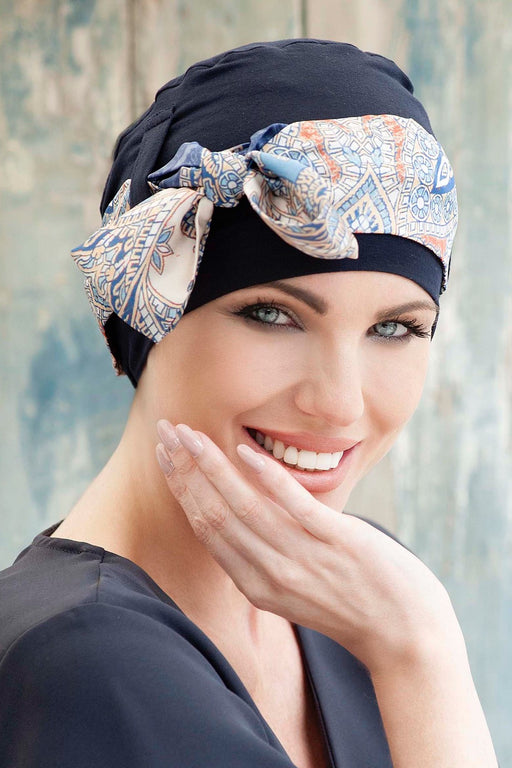 Yanna Navy Mosaica Linea by Masumi Headwear | shop name | Medical Hair Loss & Wig Experts.