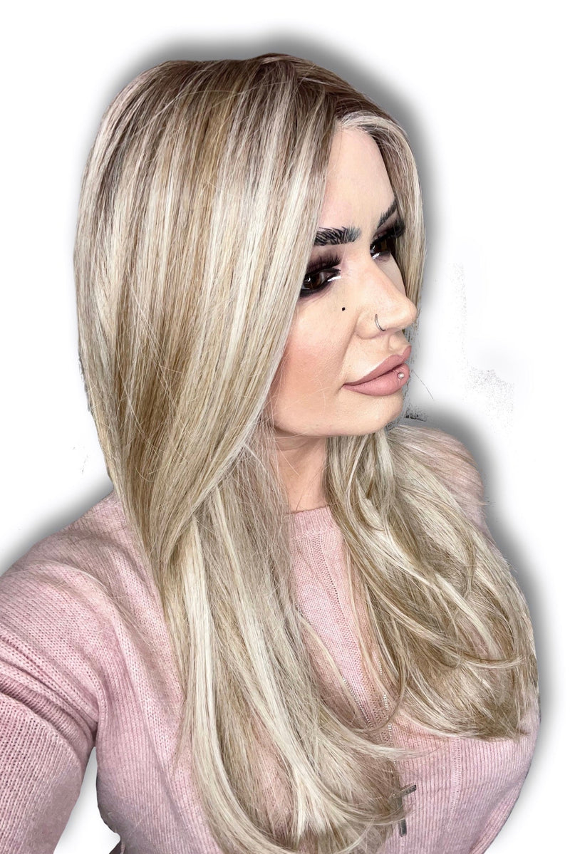 BROWN SUGAR SWEETCREAM • 12/22R8 ••• Light Brown tones with dark blonde and a mid brown root for  a neutral "bronde" appearance