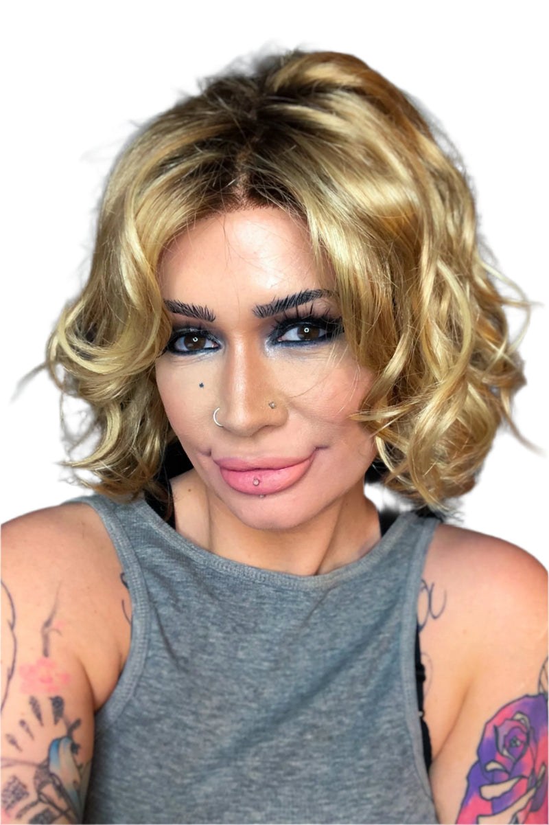 RH12 /26RT4 ••• Light Brown with Chunky Golden Blonde Highlights & Dark Brown Roots