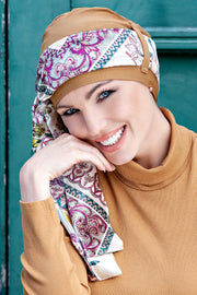 Yanna Camel Velvet Fiori Viola by Masumi Headwear | shop name | Medical Hair Loss & Wig Experts.